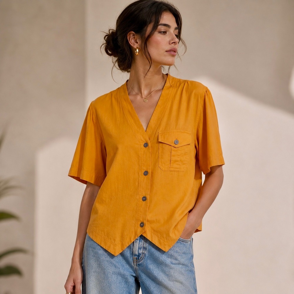 VTG 90s Casual Corner 100% Silk Blouse Yellow Orange Buckle Back Safari  BTC L